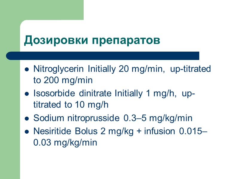 Дозировки препаратов Nitroglycerin Initially 20 mg/min,  up-titrated to 200 mg/min Isosorbide dinitrate Initially